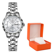 (Dual Calendar White Face (Steel Color Strap)-Orange Gift Box) New Luxury Women Quartz Watch, Luminous Waterproof Elegant Ladies Wristwatch