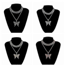(white) Women's rhinestone Cuban buckle necklace with crystal butterfly pendant, black