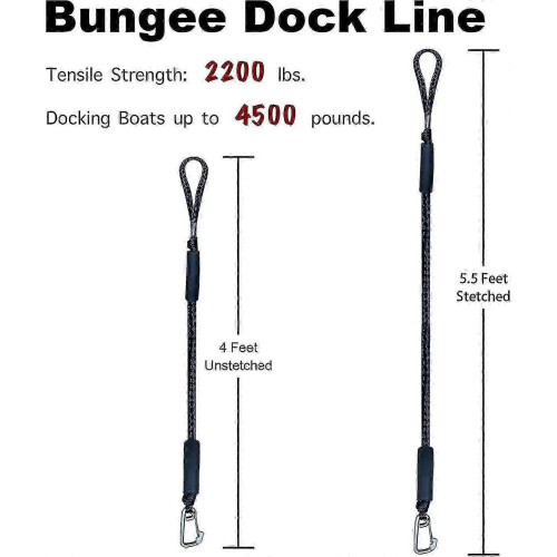 Bungee rope for boat dock, 4 ft mooring line with hook 2 pack black 1