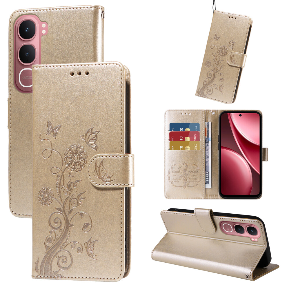 (Golden) For Vivo Y21d / Vivo Y31 5G Leather Case Butterfly Floral Imprint Wallet Stand Cover Golden 6914295612333