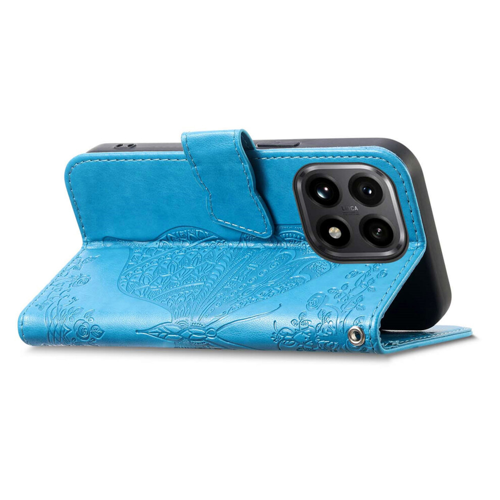 (Blue) For Xiaomi 15T Case With Strap Butterfly Pattern Pu Leather Wallet Phone Cover Blue 6914290661084