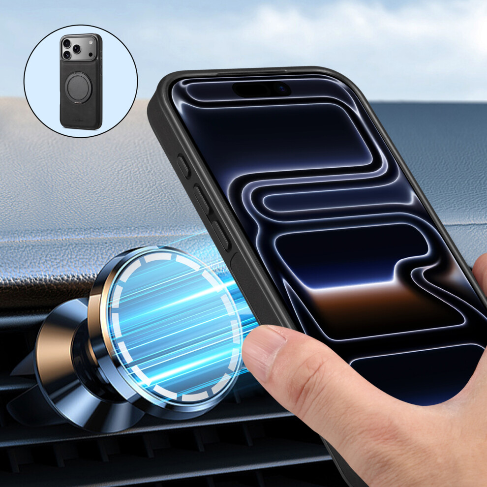 (Black) Denior A14 For Iphone 17 Pro Magnetic Case Rotary Kickstand Leather Pc Tpu Phone Cover Black 6914290890927