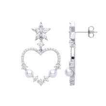 Jewelco London Ladies Rhodium Plated Sterling Silver Cream Marquise Pearl CZ Star Struck Love Heart Drop Earrings - EAG1005