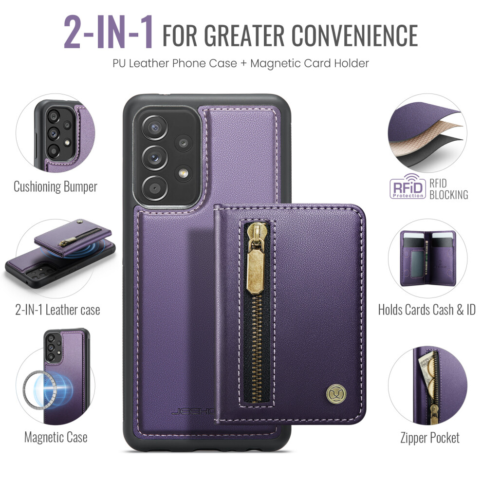 (Purple) Jeehood For Samsung Galaxy A52 5G / Galaxy A52s 5G / Galaxy A52 4G Case J12 Magnetic Detachable Zipper Wallet Kickstand Purple 6914290624546