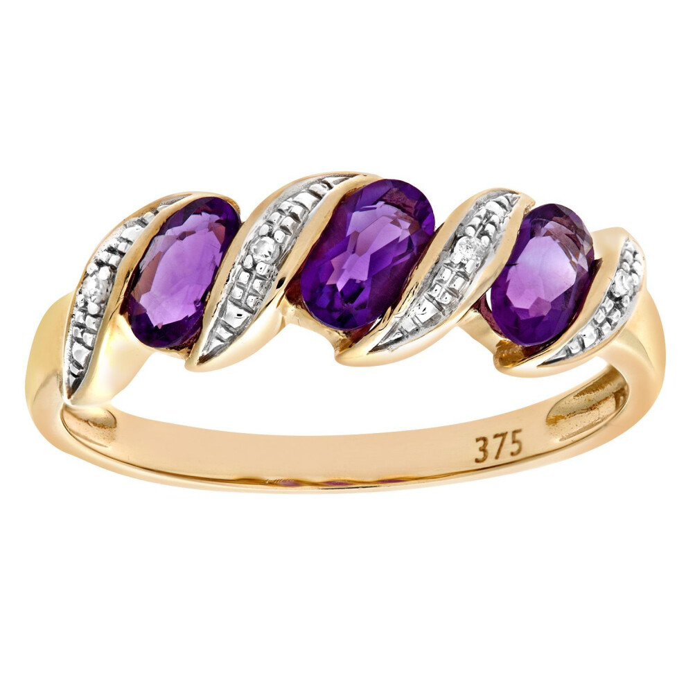 Jewelco London (L) 9Ct Gold Round 2Pts Diamond Oval 0.59Ct Amethyst Wavy Ribbon Pod Trilogy Cocktail Ring 2Mm - Pr0axl6270yam Gold,Yellow,Purple