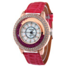 (Dark Red) Watch Quartz With Rhinestones Faux Leather Strap Rolling Ball Round Dial Women