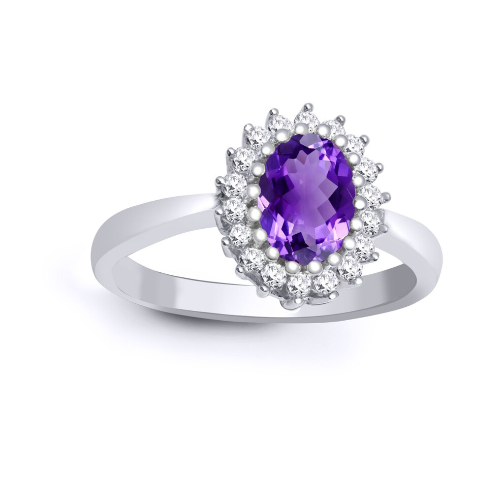 Jewelco London (P) 9Ct White Gold H I2 0.23Ct Diamond Oval Purple 0.7Ct Amethyst Classic Royal Cluster Ring 11Mm - 9R432 White,Gold,Purple
