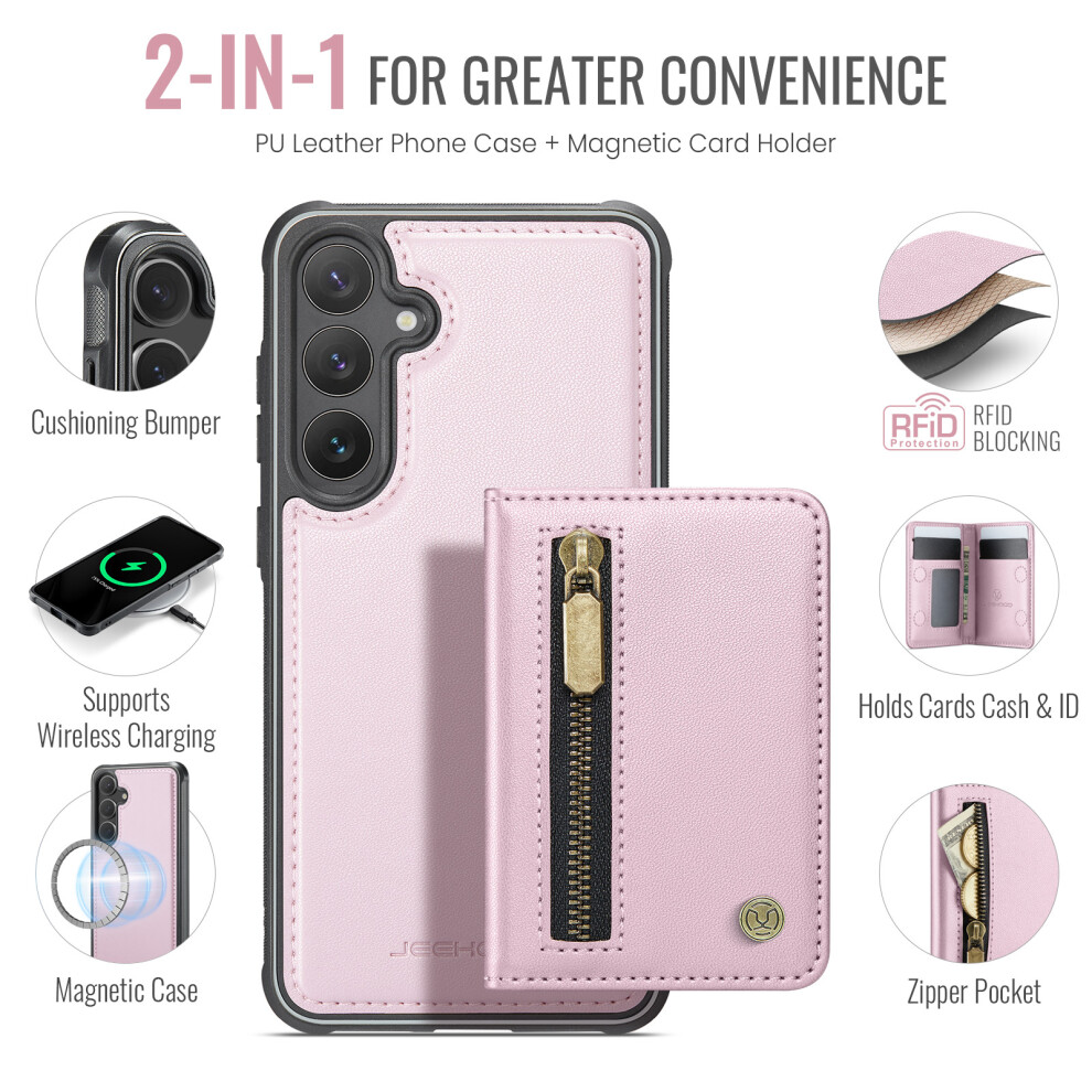 (Pink) Jeehood For Samsung Galaxy S25 Fe Case J12 Magnetic Detachable Zipper Wallet Kickstand Leather Back Cover Magnetic Case Pink 6914299606802