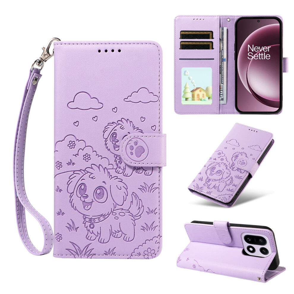 (Purple) For Oneplus 15 5G Case Rfid Blocking Imprinted Dog Pattern Pu Leather Phone Cover With Wrist Strap Purple 6914290093946
