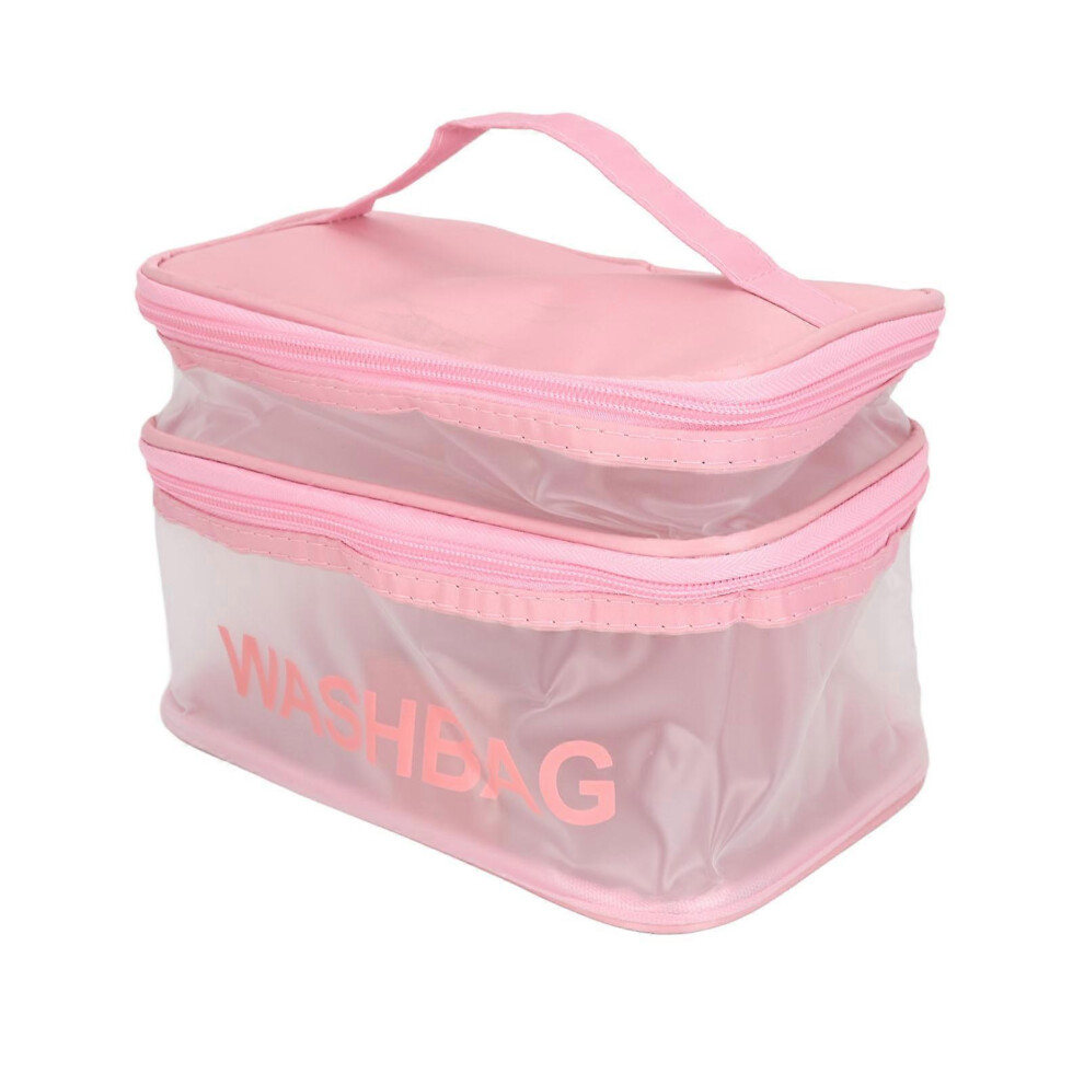 Pink Clear Double-Layer Zipper Makeup Bag, Large Capacity Travel Toiletry Organizer