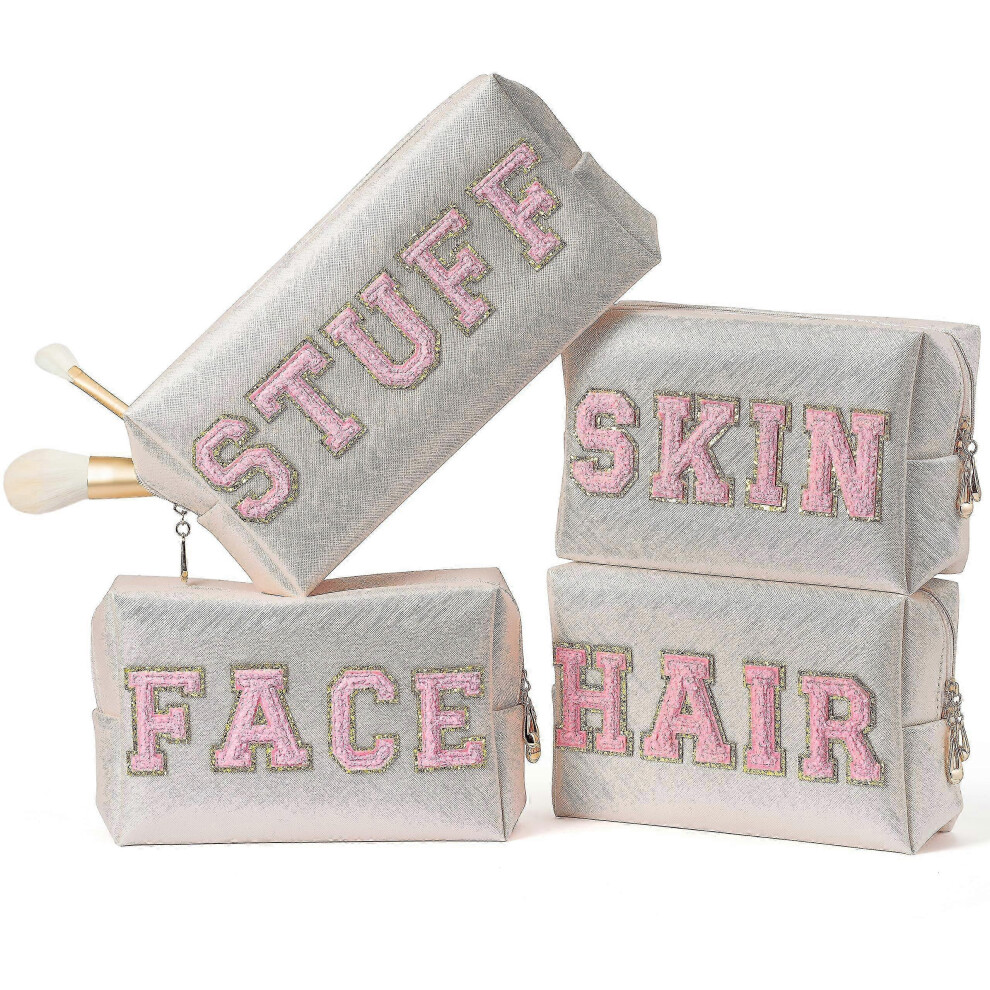 4Pcs Preppy Varsity Letter Makeup Bag, Chenille Cosmetic Toiletry Bag 26-27s