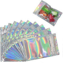 100 sacchetti in alluminio richiudibili con chiusura a zip, rivestiti con pellicola olografica colorata, di grandi dimensioni.