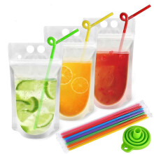 100 Clear Reusable Drink Pouches Set + 100 Wrapped Straws for Adults