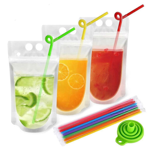 100 Clear Reusable Drink Pouches Set + 100 Wrapped Straws for Adults