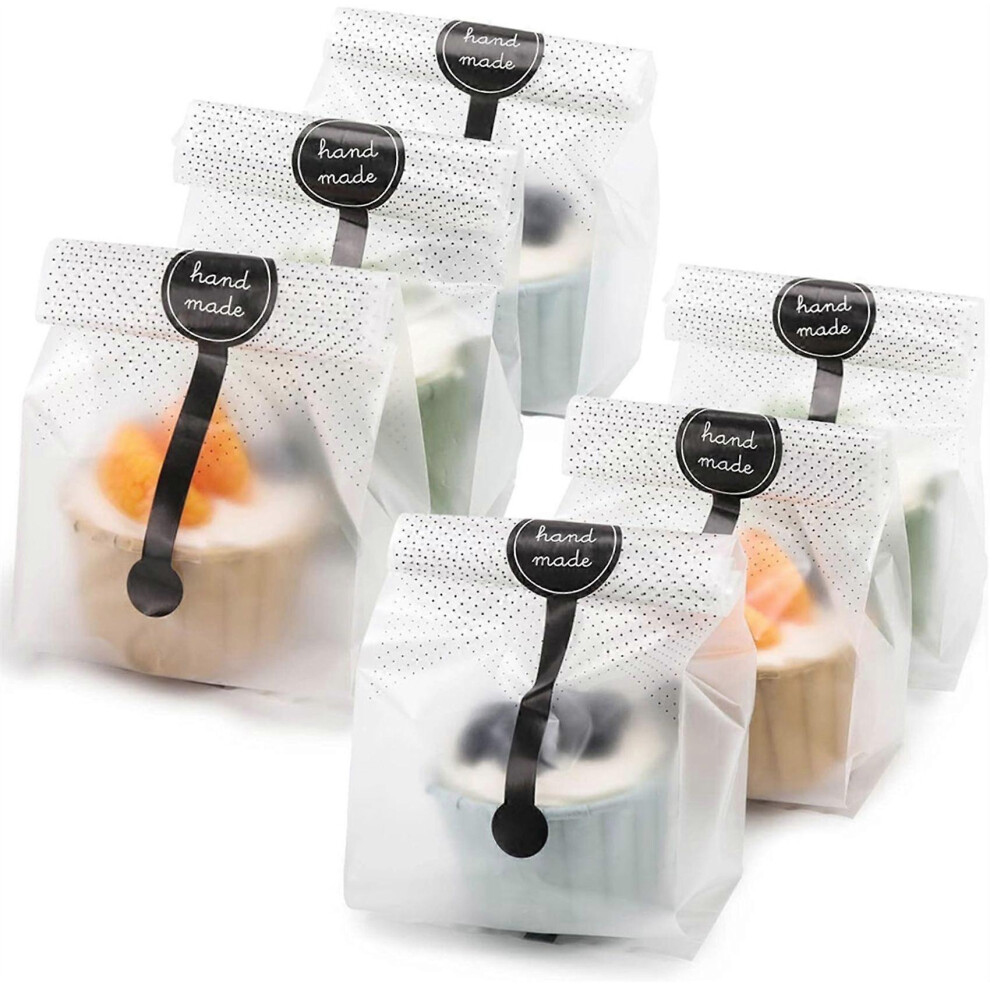 100 Clear Plastic Bags + Black Stickers For Bakery, Cookie & Candy Packaging 4182389170188