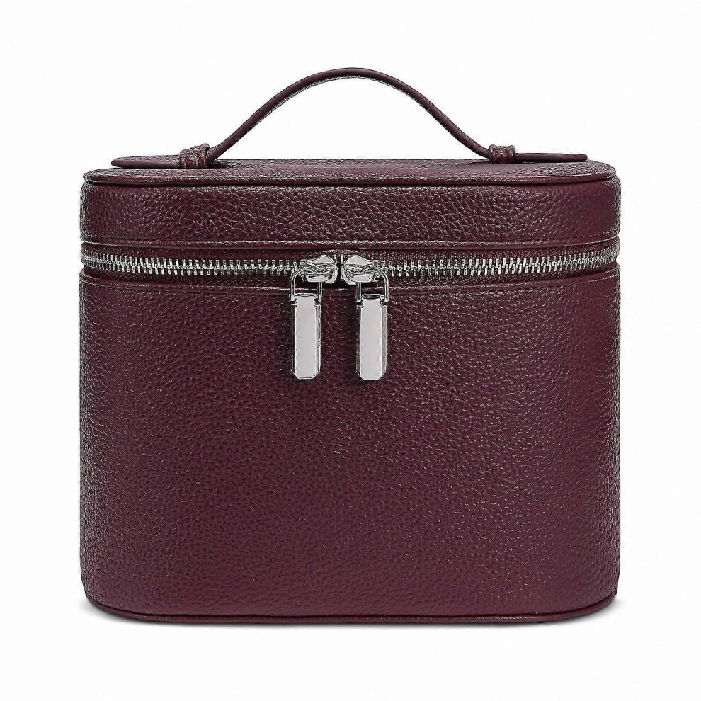 Burgundy PU Leather Travel Makeup Bag, Medium with Detachable Sections & Brush Organizer
