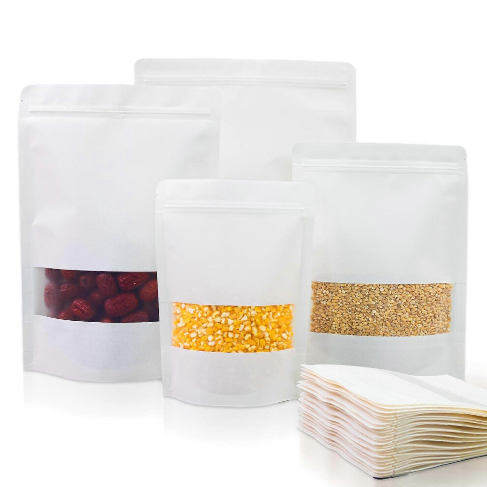 50 Pack 8X12 White Kraft Stand Up Pouches With Clear Window, Resealable For Food Storage 7012552389147