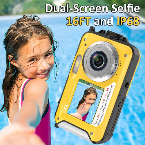 Waterproof Camera 4K 64MP Dual Screen 16FT 32GB MicroSD (Yellow) 1
