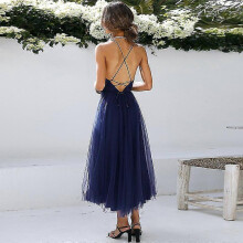 (M, Blue) Womens Halter Dress Ladies Party Backless Sexy Mesh Dress Bridesmaid Dresses_Good quality