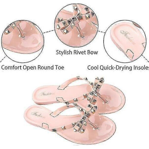 (36, Khaki) Women's Studded Bow Jelly Flat Flip Flops