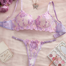 (Lavender, XL) Purple Floral Embroidered Bra, Sexy Romantic Gorgeous Bra Set for Plus Size Women