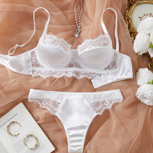 (White, L) Women's Fashion High-End Satin Lace Bra Set