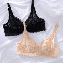 (Black Beige, M) 1A-2pcs Women'S Lace Bra Set - Black & Blue Floral Lace Front Closure, Underwire Support, No Padding, Medium Support