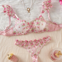 (Pink, M) Pink Floral Embroidery Mesh Splicing Bra And Panties Set | Floral Embroidered Underwire Lace See-Through