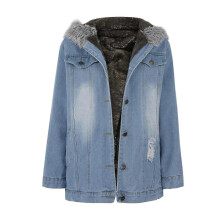 (M, Light Blue) Winter Thick Denim Jacket Women Casual Long Sleeve Fur Collar Hooded Warm Coat