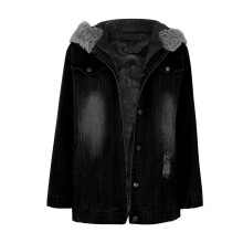 (2XL, Black) Winter Thick Denim Jacket Women Casual Long Sleeve Fur Collar Hooded Warm Coat