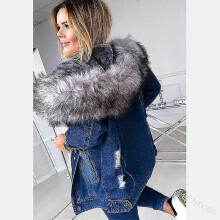 (3XL, Dark Blue) Winter Thick Denim Jacket Women Casual Long Sleeve Fur Collar Hooded Warm Coat
