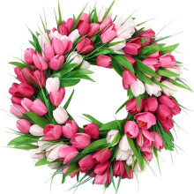 Tulip Wreath for Front Door,Spring Tulip Flower Wreath with Green Leave Wreaths for All Seasons Window Wall