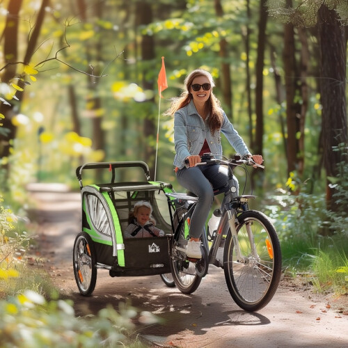 Carrinho de bebê e reboque para bicicleta 2 em 1 com cinto, bolsos e bandeira, verde 2