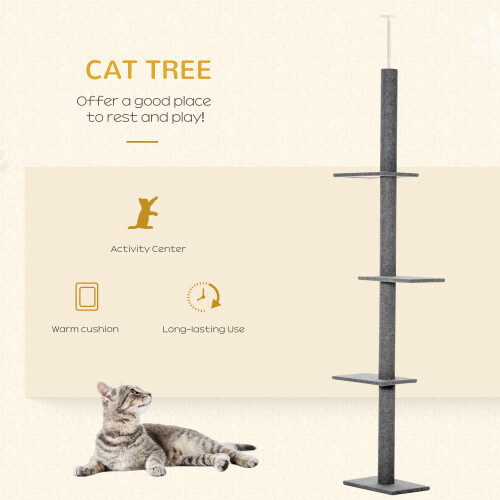 PawHut PawHut 260cm Floor To Ceiling Cat Tree Kitten Tower w/Adjustable Height - Grey 2