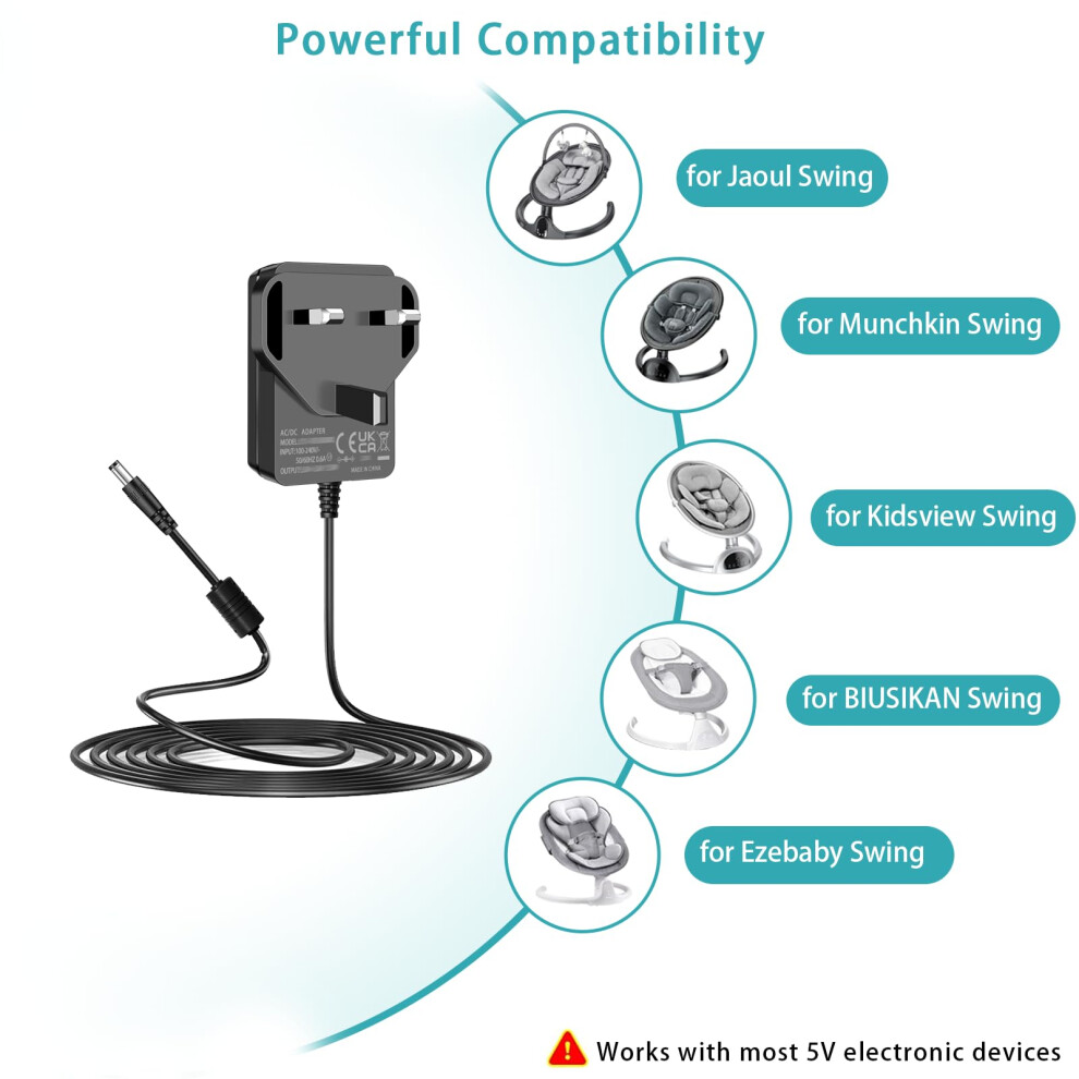 Mareisa 5Volt Power Adapter 5V 3A Baby Swing Power Cord Compatible With Glider