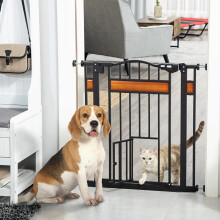 PawHut Dog Gate Pet Safety Gate W Cat Door Auto Close Pine Decor 7480