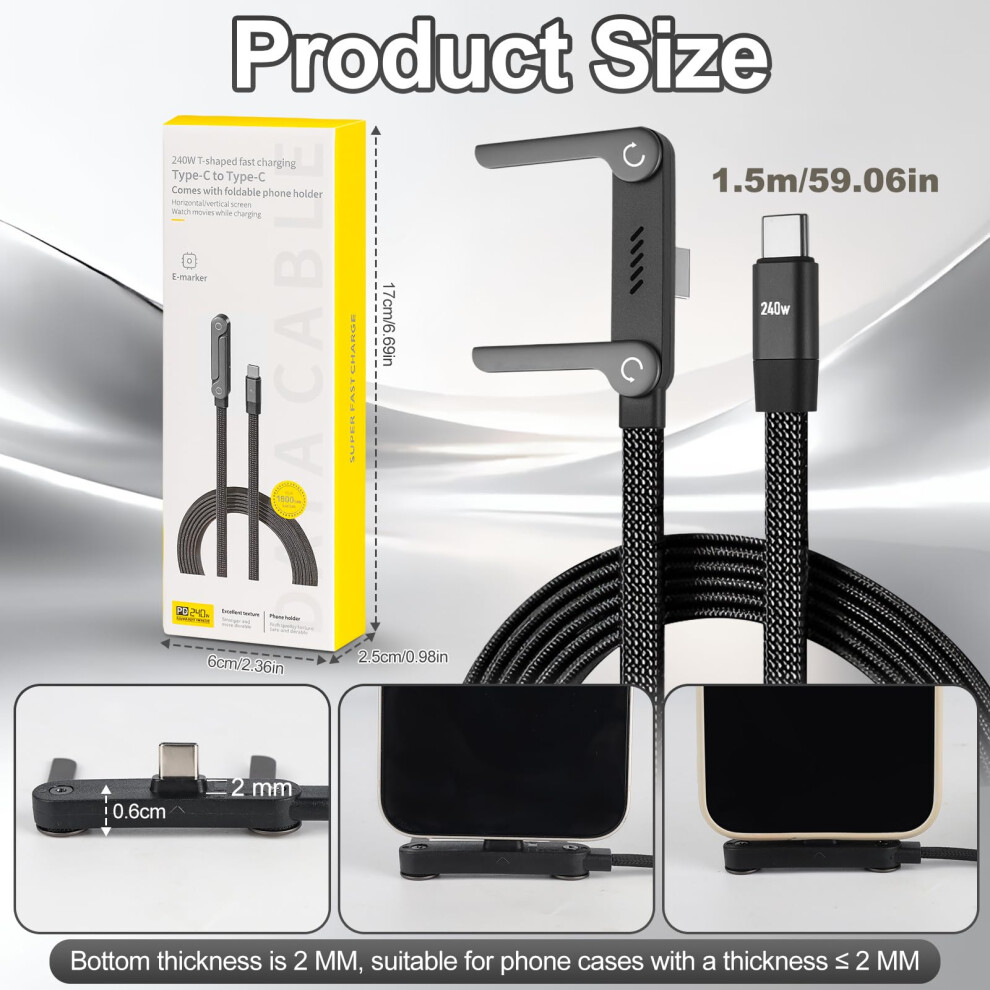 1.5M Type C Charger Cable Fast Charging & Phone Stand, 240W Fast Charge Usb C To Usb-C, Adjustable Braided Type-C Charger Cable With Invisible Kickst 5009444596648