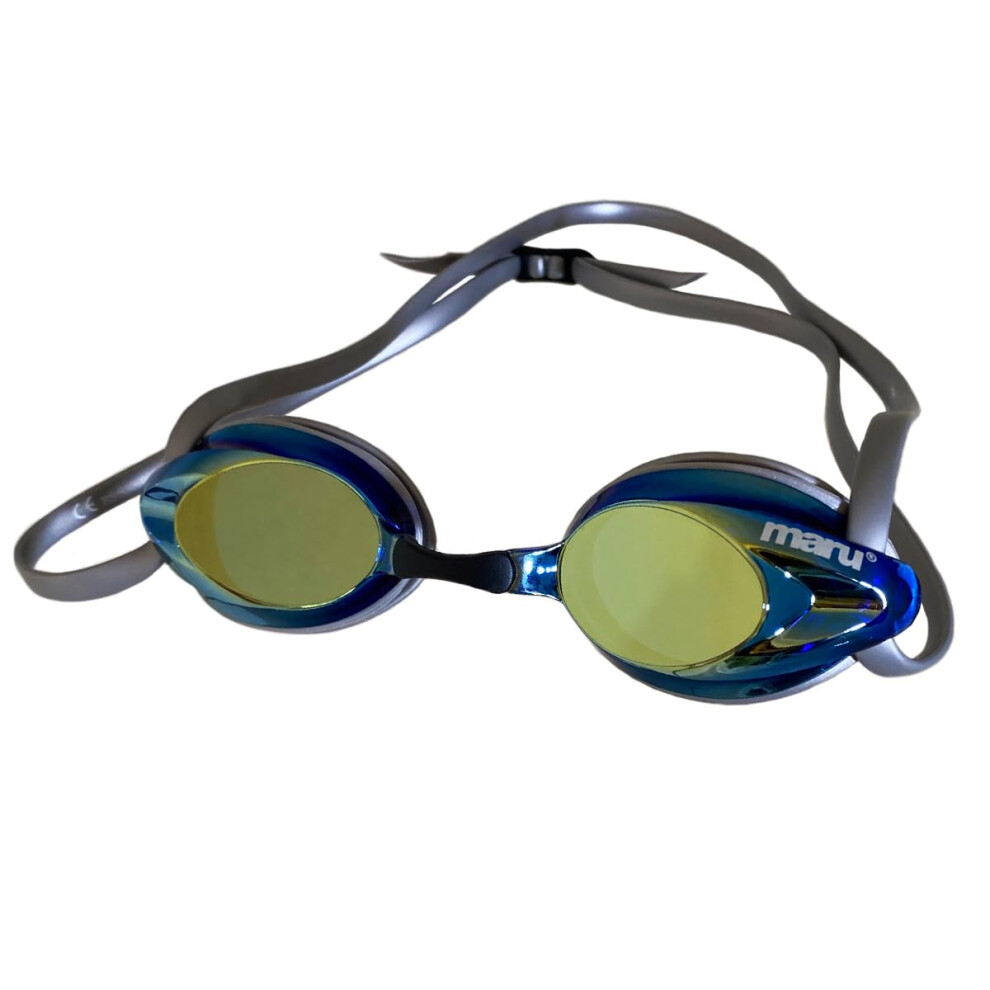 Maru Pulse Racing Swim Goggles (Silver/Blue/Gold) – Adult Swimming Goggles With Anti-Fog Mirror Lenses – Low-Profile Fit, Adjustable Nose Bridge &