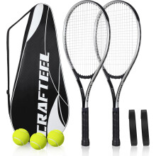 27" Tennis Rackets Set of 2, Family Beginner 27 Inch Tennis Racket Set for Outdoor Recreational Sport Game (Silver)