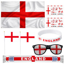 GxouQcn England Flag, England World Cup, 8 Piece Set Decorations and England Football Flags, Includes Large Flag, Bunting, Scarf and Accessories for