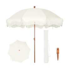 PHI VILLA Beach Umbrella 2M, Portable Fringed Garden Parasol with Ground Drill, Boho Patio Umbrella Round with Carry Bag