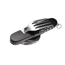 FUZVOL Folding Camping Cutlery Set Stainless Steel Portable Utensil 6 in 1 Multitool Outdoor Tableware for Travel, Hiking, Picnic,Black