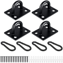 EGGMARCH 4 Pcs M6 Oblong Pad Eye Plate and 4Pcs Carabiner Clips, Stainless Steel Staple Hook Loop Suspension Ceiling Hooks Marine Hardware Anchor plat