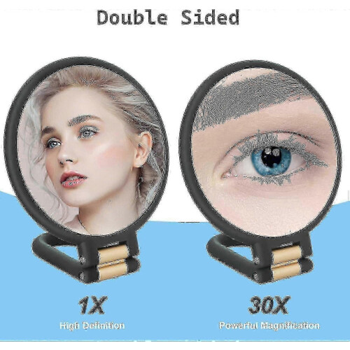 Black 30x Magnifying Travel Hand Mirror, Double-Sided with Handle, 1x & 30x 1