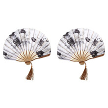 2X Chinese Gray Peony Blossom Fabric Bamboo Folding Dancing Hand Fan White