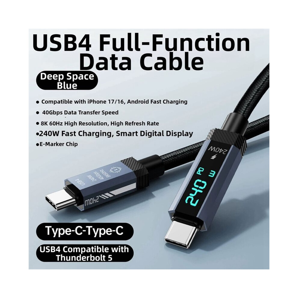 Pd240w 8K60hz 40Gbps Usb4 Type C Fast Charging Cable With Digital Display For Mobile Phone Tablet Laptop 4711704499828