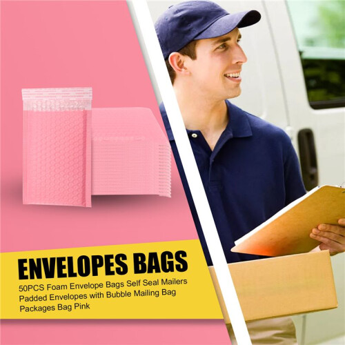 50 PCS Sacos de Envelope de Espuma Envelopes com Selo AutomáTico Envelopes Acolchoados com Bolha Saco de Envio de Pacotes Saco Rosa 2