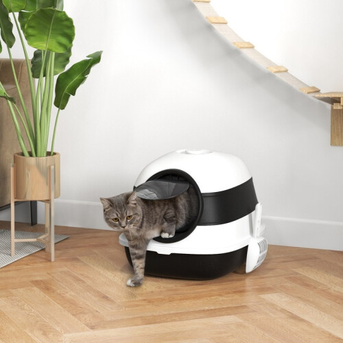 Lettiera per gatti chiusa con coperchio, paletta e deodorante, design pieghevole, bianca e nera 2