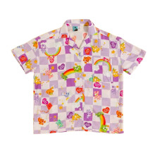 (L, Purple) Care Bears Unisex Adult Checked Button Front Short-Sleeved Shirt