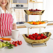3 Tier Fruit Bowl for Kitchen Counter, White Gold Ceramic Fruit Stand for Countertop, Home Fruit Rack with Holder
